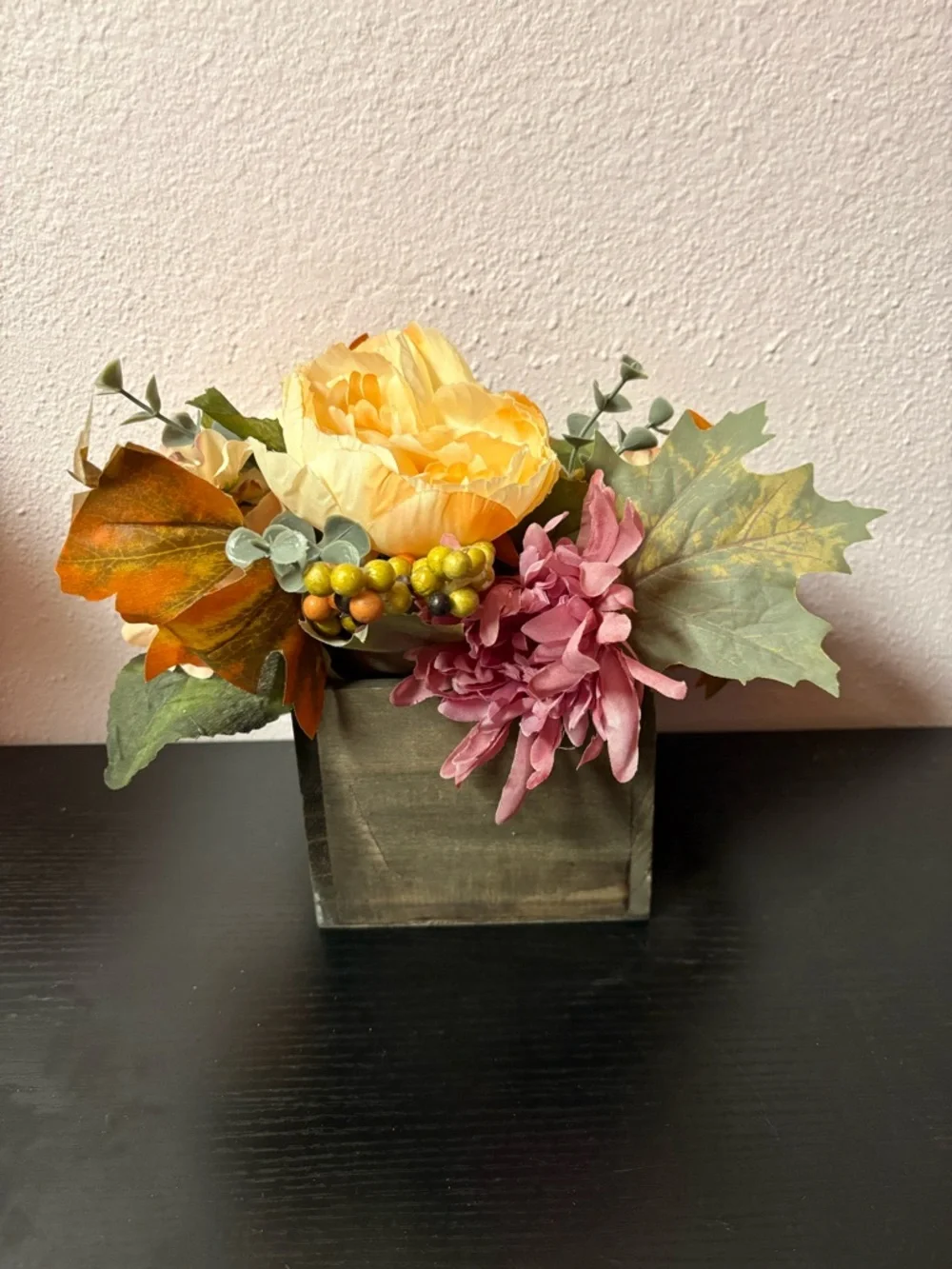 Fall Faux Floral Arrangement Rustic Wooden Box Autumn Decor Centerpiece
